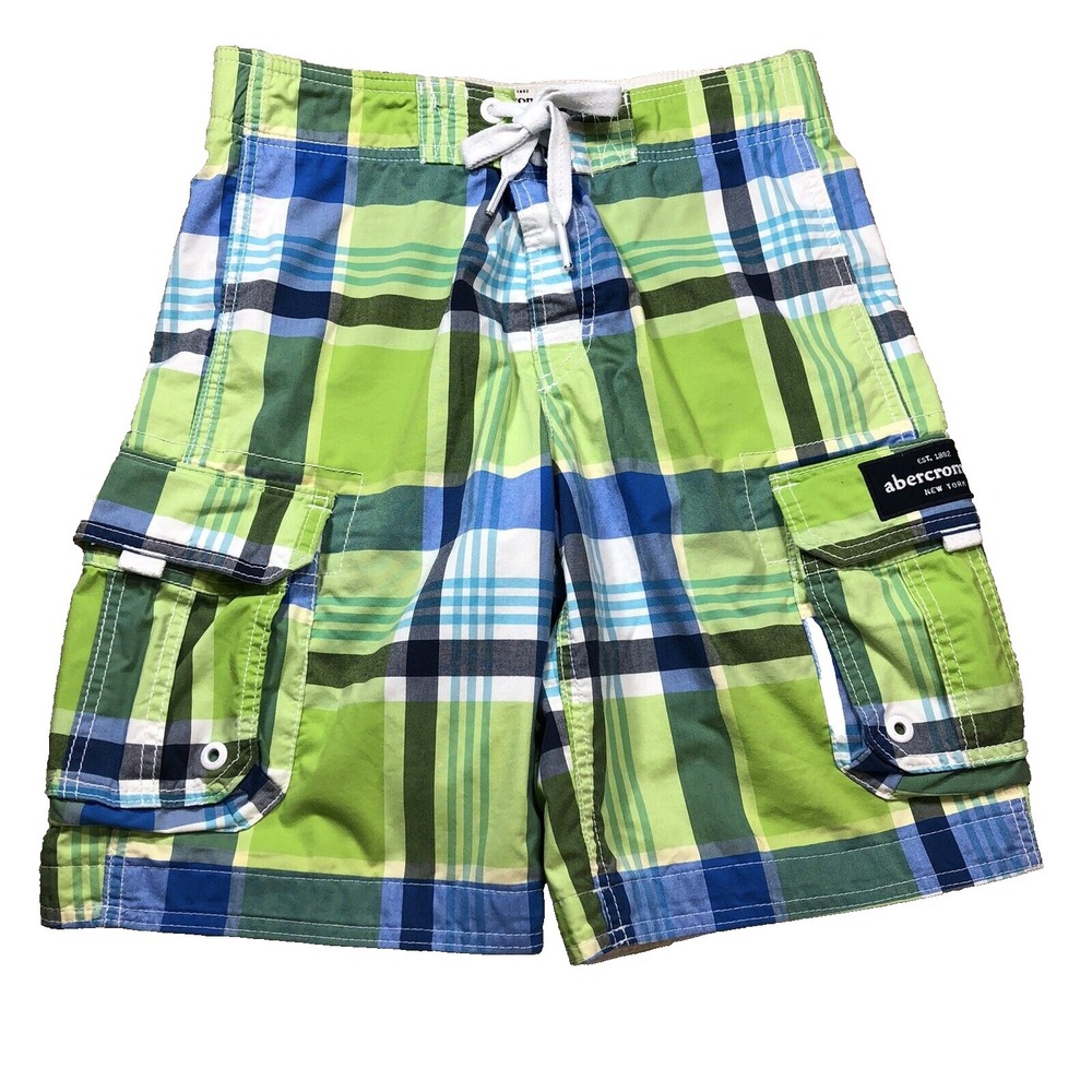 Abercrombie Board Shorts Men Size 28-30 Lime green plaid Pockets Beach Swim Surf